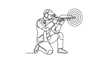 Obraz premium Continuous line drawing of a marksman aiming a rifle at a target, minimalist sports illustration.