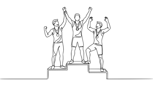 Three Winners Celebrating on Podium, First Place Victory, Minimalist Line Art
