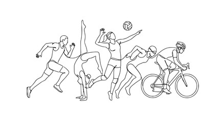 Obraz premium Diverse Sports Athletes Line Art: Running, Gymnastics, Volleyball, Swimming, Cycling