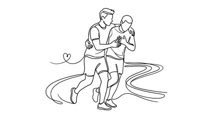 Obraz premium Man Helping Injured Friend, Continuous Line Art, Support and Care