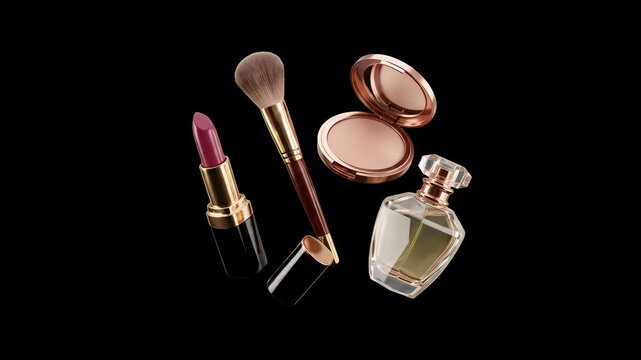 Elegant beauty products including lipstick, a makeup brush, compact powder, and a perfume bottle float together against a stark black background. Ideal for high-end luxury cosmetics branding, beauty v