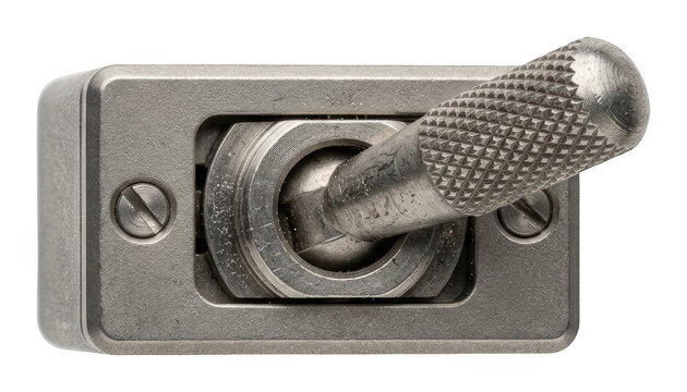 Industrial metal toggle switch with a knurled lever and mounting plate for heavy-duty mechanical control and electrical systems isolated transparent background image