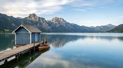Obraz premium Wooden boathouse and pier on a serene alpine lake with mountains