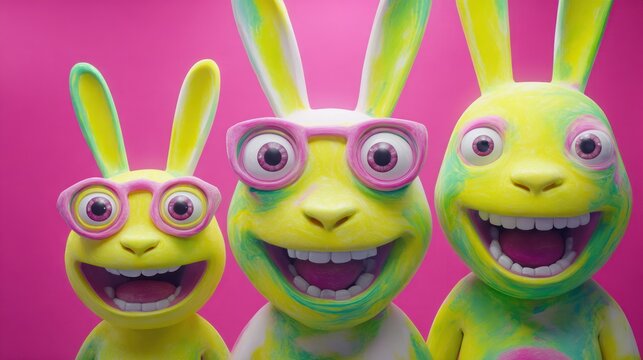 Three brightly colored, smiling rabbit figures pose closely together against a vivid pink background