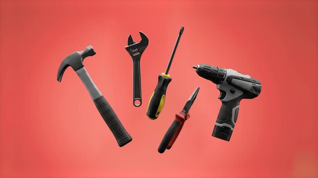 A dynamic 3D layout of essential construction and repair equipment, including a cordless power drill, a hammer, a screwdriver, an adjustable wrench, and pliers floating in mid-air. The hardware set is