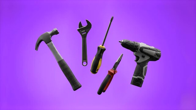 A dynamic 3D arrangement of handyman hardware tools, including a claw hammer, adjustable wrench, screwdriver, pliers, and cordless power drill floating against a solid purple backdrop. Great for home 