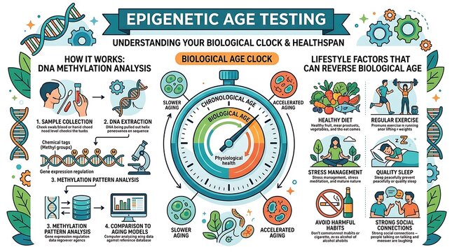 Epigenetic age testing infographic explaining biological clock