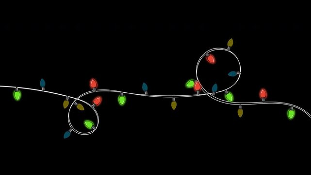 Bulbs on a string animation. Hanging light bulbs. Colorful light bulbs for decoration. Lights garland. Lights string decoration. 4K animation. Transparent background with alpha channel