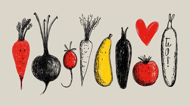 Hand drawn illustration depicts an assortment of colorful root vegetables, squash, and fruit with playful faces and decorative elements