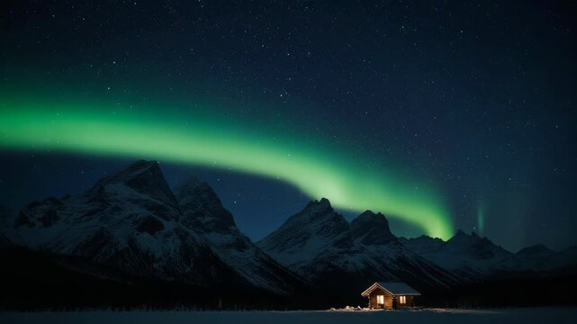 Stunning aurora borealis illuminating the sky above dramatic mountain ranges, vibrant green light curtains blending with the deep blue night sky