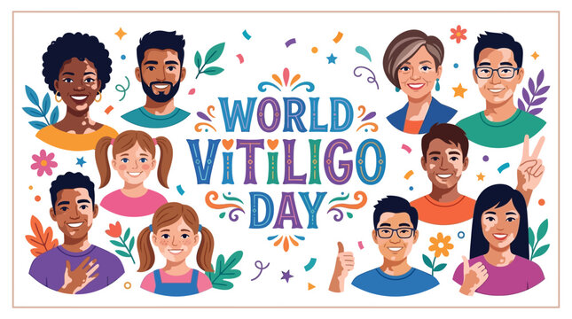 Celebrating World Vitiligo Day with diverse people showing skin positivity and awareness illustrations