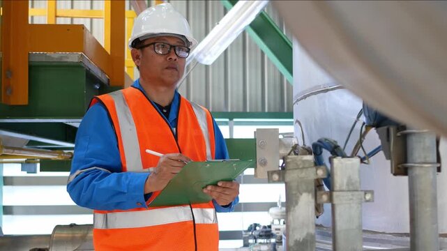 Senior engineer performing a routine daily inspection of production equipment in an oil refinery, recording inspection results on a clipboard checklist to ensure operational reliability, process safet