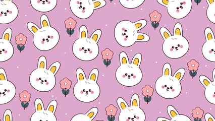 Fototapeta premium cute hand drawn cartoon white bunny with flowers in purple background pattern for desktop wallpaper