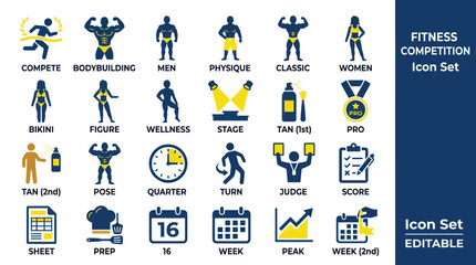 Fototapeta premium Fitness Competition Icon Set: Bodybuilding, Physique, Tan, Judge, Score, Prep