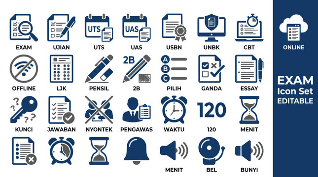 Exam Icon Set: Education, Testing, Assessment, Online, Offline, CBT, Essay, Study