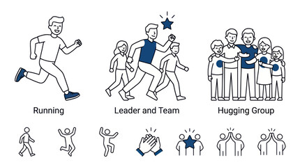 Obraz premium Teamwork, Leadership, and Success Icons: Running, Group Hug, High Five, Clapping