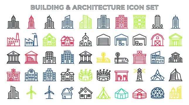 Building & Architecture Icon Set: City, Modern, and Traditional Structures