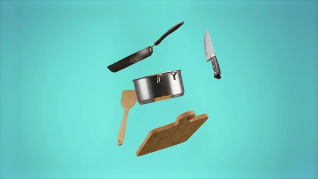 Essential kitchenware items, including a steel pot, frying pan, chef knife, cutting board, and wooden spatula, float dynamically against a soft blue studio backdrop. This 3D rendering layout is tailor