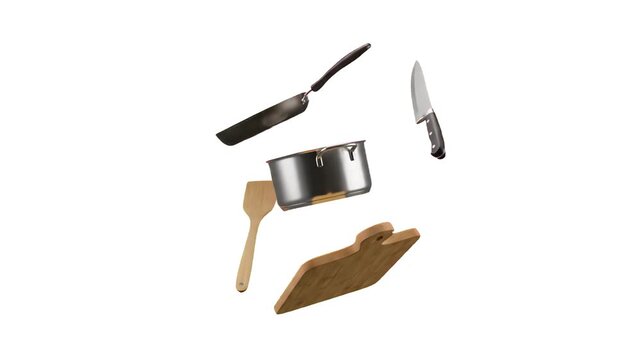 A dynamic 3D rendering of kitchenware items including a frying pan, cooking pot, knife, wooden spatula, and cutting board levitating over a white backdrop. Ideal for culinary blogs, cooking shows, and