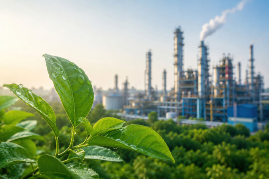 Green leaves against industrial refinery and smoke emissions