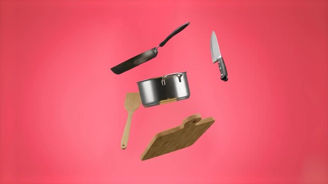 Dynamic floating composition of kitchenware tools including a frying pan, cooking pot, chef knife, wooden spatula, and cutting board against a bright pink background. Great for cooking show intros, cu