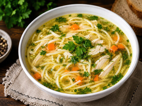 Homemade chicken noodle soup with vegetables and fresh herbs