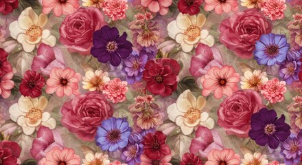 Fototapeta premium Vibrant flowers bloom in a colorful arrangement of roses, lilies, and more on a natural background.