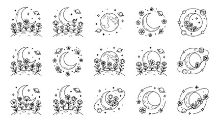 Whimsical Celestial Icons: Moon, Planets, Stars, and Flowers Line Art Collection © Akun
