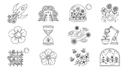 Obraz premium Science and Nature Icons: Rocket, DNA, Greenhouse, Flowers, Robot Arm, Galaxy