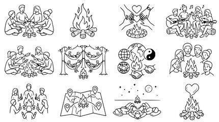 Obraz premium People Gathering Around Campfires: Community, Connection, and Celebration Illustrations