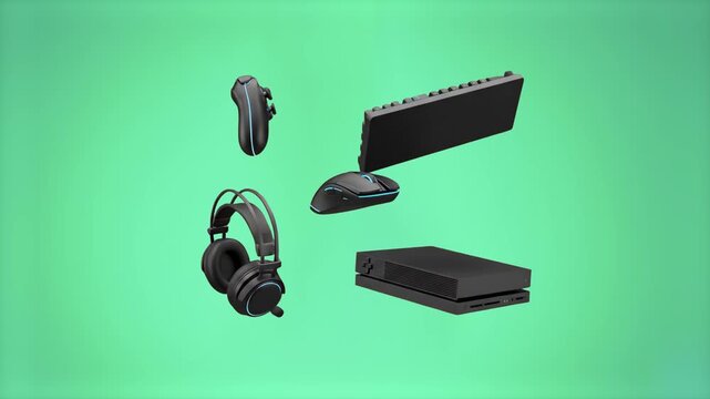 A clean arrangement of modern gaming accessories including headphones, a keyboard, mouse, gamepad, and console floats elegantly over a solid pastel green setting. The 3D model configuration provides a