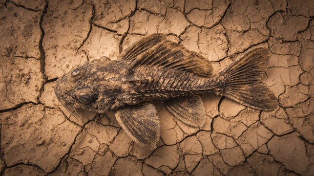 Dried pleco fish lying on cracked dry mud with textured skin and earthy tones. Extreme drought landscape showing dead aquatic life, harsh climate conditions and environmental changes in nature.