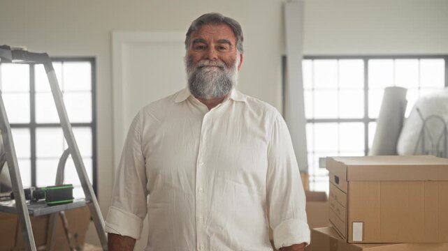 Man with hoary beard crosses arms beside stacked cardboard boxes and ladder inside a building; settling pride.
