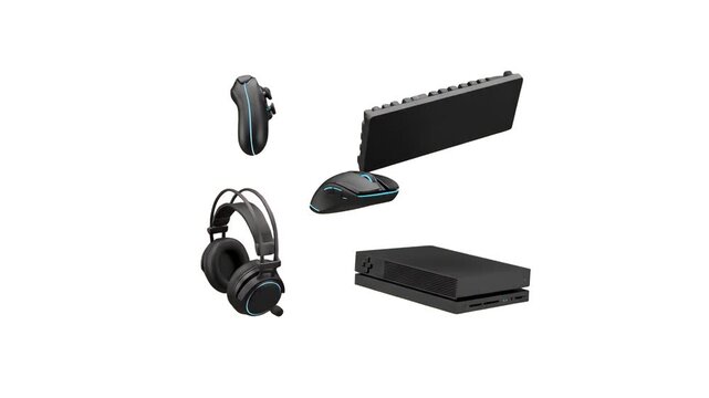 A set of sleek modern gaming peripherals including wireless headphones, a game controller, mechanical keyboard, mouse, and audio interface levitating in space, isolated on a clean white background. Gr