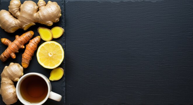 A refreshing cup of ginger tea with lemon slices and turmeric on a dark wooden table