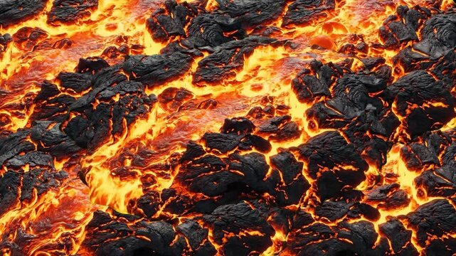 A close-up aerial view of a 3D animated molten lava texture, displaying bright orange magma flowing beneath a cooling, dark volcanic rock crust. The video functions as a seamless abstract seamless bac