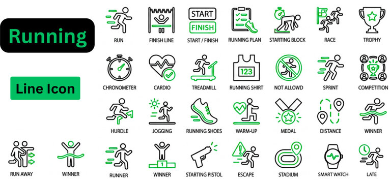 Outline vector of Running icon set. Running line icon set.  Athletics icon set: running, jumping, timing, and track symbols