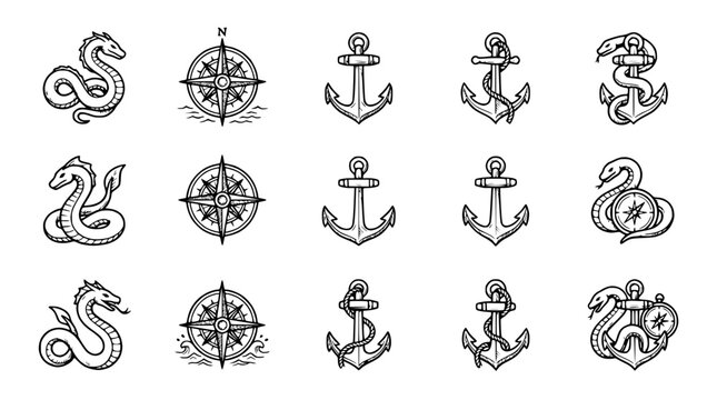Nautical Symbols Collection: Sea Serpent, Compass Rose, Anchor Icons - Hand Drawn Sketch Style