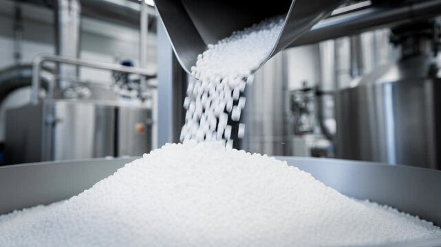 Smooth flow of white plastic pellets in a modern industrial factory production process