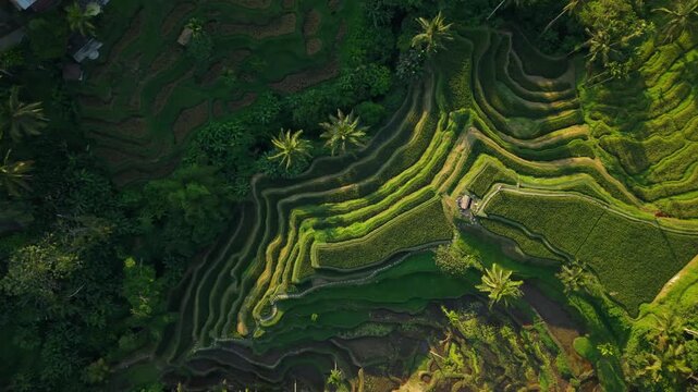 Aerial view of the lush green Tegallalang Rice Terrace with palm trees and intricate irrigation patterns in Kecamatan Tegallalang, Bali, Indonesia.