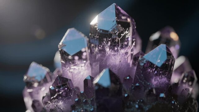 Glowing translucent purple crystals rotating slowly under soft ambient light for magical decor