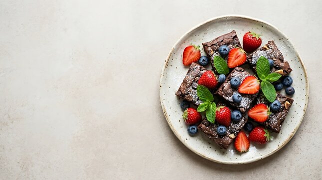 Homemade chocolate fudge brownies with fresh berries and mint