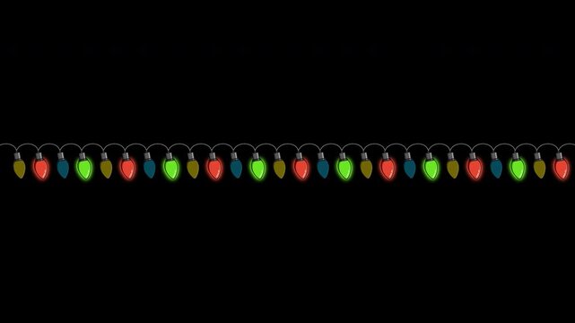 Bulbs on a string animation. Hanging light bulbs. Colorful light bulbs for decoration. Lights garland. Lights string decoration. 4K animation. Transparent background with alpha channel