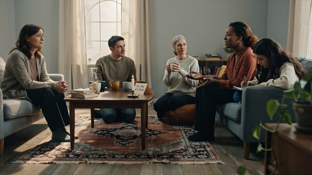 A diverse group of people in a living room are engaged in a religious study or prayer session.