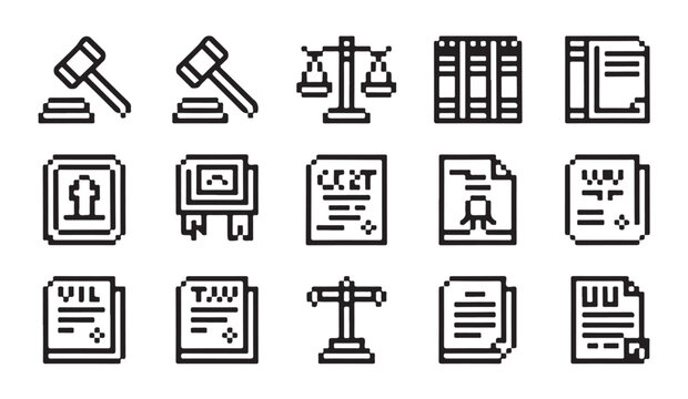 Legal document and justice system pixel icons featuring gavel scales and official records.