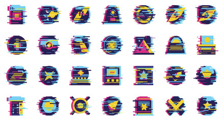 Collection of Glitched Icons Representing Technology and Data. © Niat