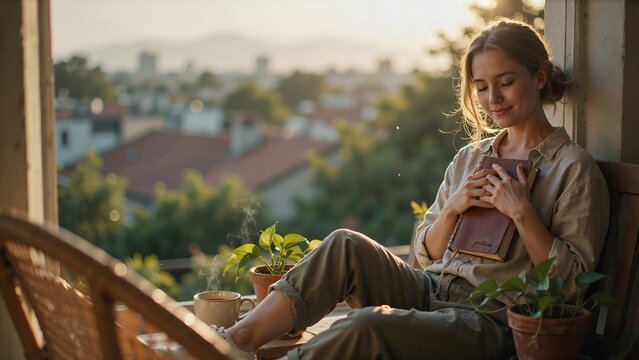 A woman enjoying a quiet moment with a book on a sunny balcony.