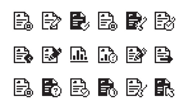 Set of pixel art icons representing document file status and common business data tasks.
