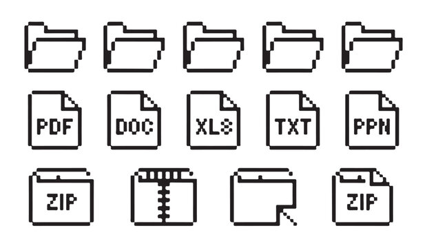Pixel folder and file format icons set with pdf doc xls txt and zip extensions isolated.