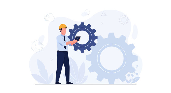 Engineer using tablet to control gears, representing project management, engineering, and technical solutions.